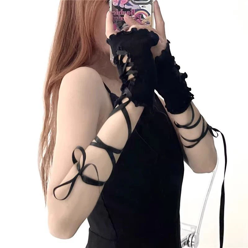 Women Strapping Lace Fingerless Hot Sexy Arm Sleeves DIY Lace-up Sunscreen Gloves Elastic Mesh Punk Gloves Clothing Accessories