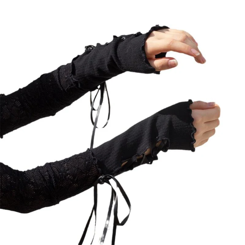 Women Strapping Lace Fingerless Hot Sexy Arm Sleeves DIY Lace-up Sunscreen Gloves Elastic Mesh Punk Gloves Clothing Accessories