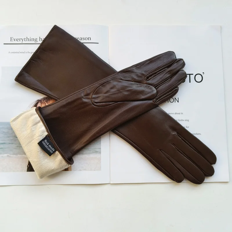 New Women's Long Sheepskin Gloves with Plush Insulation and Windproof Leather Gloves for Driving