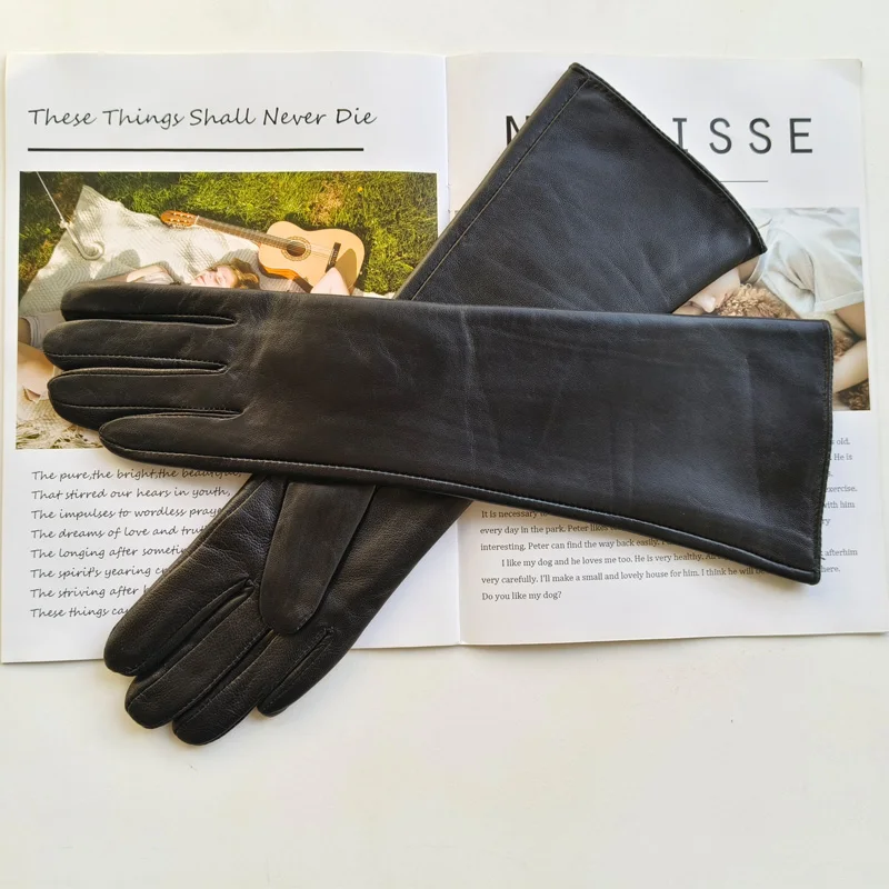 New Women's Long Sheepskin Gloves with Plush Insulation and Windproof Leather Gloves for Driving