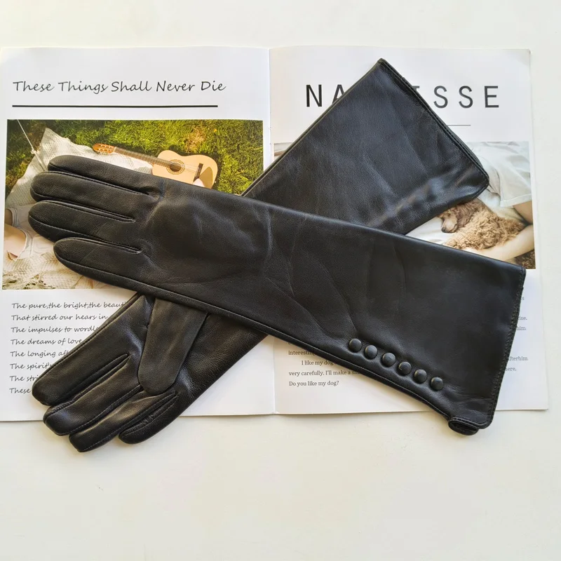 New Women's Long Sheepskin Gloves with Plush Insulation and Windproof Leather Gloves for Driving