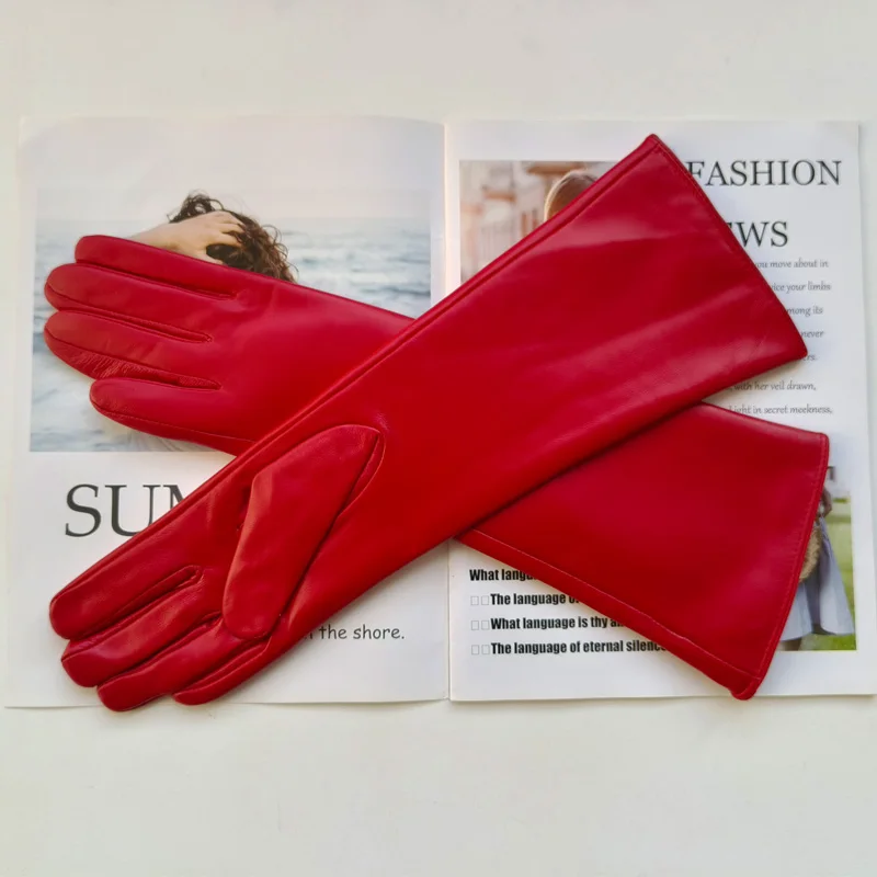 New Women's Long Sheepskin Gloves with Plush Insulation and Windproof Leather Gloves for Driving