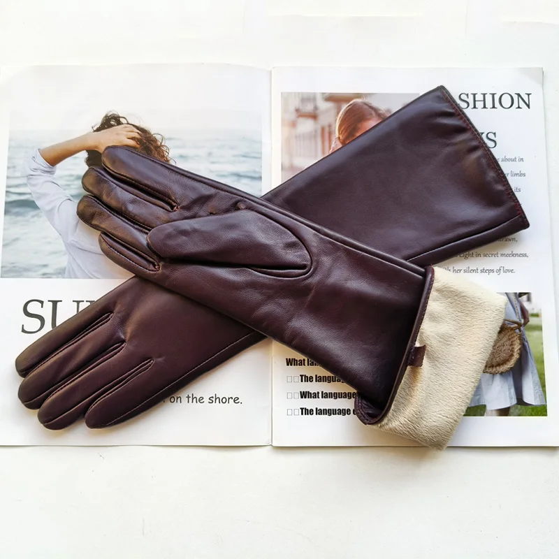 New Women's Long Sheepskin Gloves with Plush Insulation and Windproof Leather Gloves for Driving