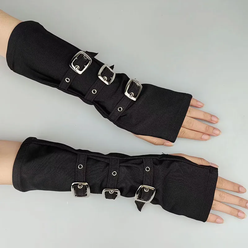 Women Half Finger Metal Buckle Belt Rivet Punk Hip Hop Party Cosplay Dance Mitten Black Fingerless Milk Silk Glove Cuff R46