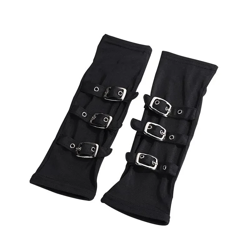 Women Half Finger Metal Buckle Belt Rivet Punk Hip Hop Party Cosplay Dance Mitten Black Fingerless Milk Silk Glove Cuff R46