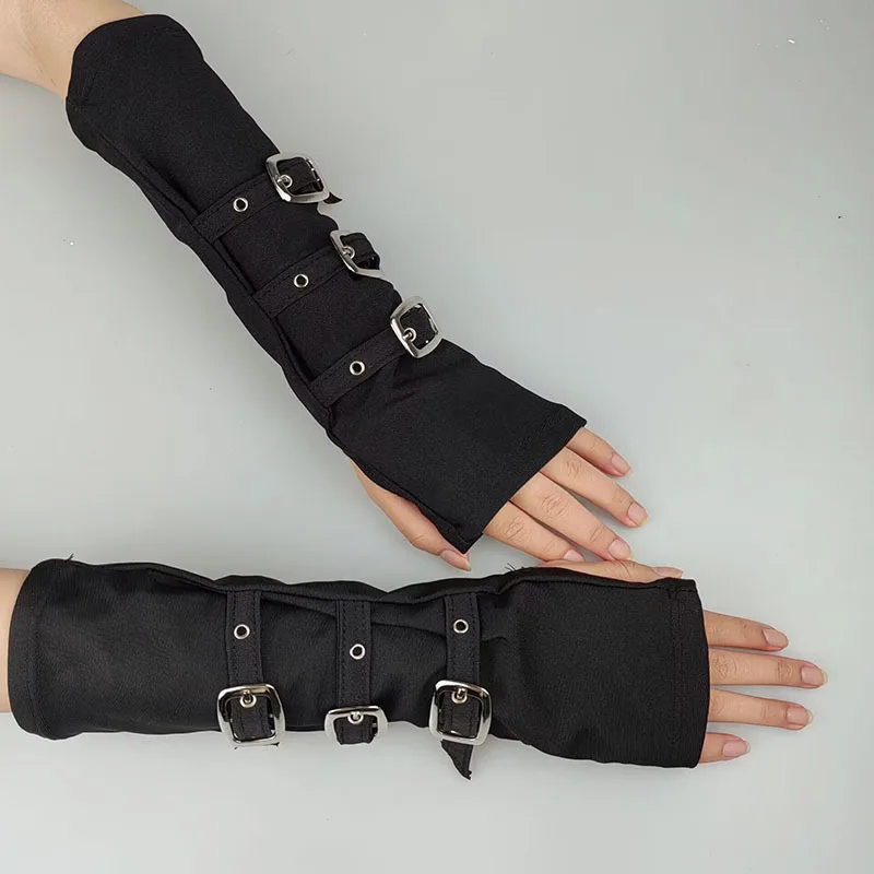 Women Half Finger Metal Buckle Belt Rivet Punk Hip Hop Party Cosplay Dance Mitten Black Fingerless Milk Silk Glove Cuff R46
