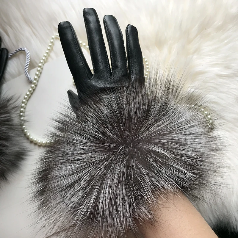 Real Sheepskin Fox Fur Gloves Women's Genuine Leather Glove Winter Warm Fashion Style Natural Fluffy Fox Fur Oversized Customize