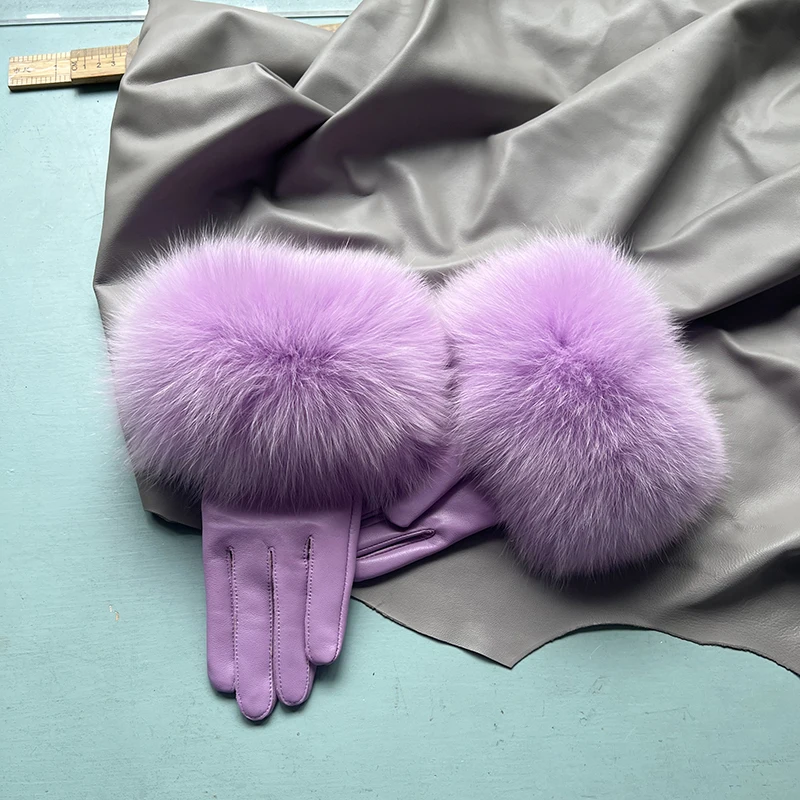 Real Sheepskin Fox Fur Gloves Women's Genuine Leather Glove Winter Warm Fashion Style Natural Fluffy Fox Fur Oversized Customize