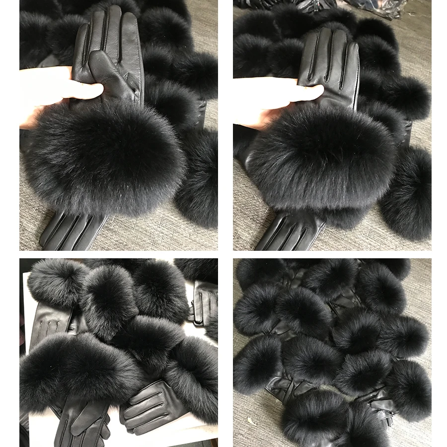 Real Sheepskin Fox Fur Gloves Women's Genuine Leather Glove Winter Warm Fashion Style Natural Fluffy Fox Fur Oversized Customize