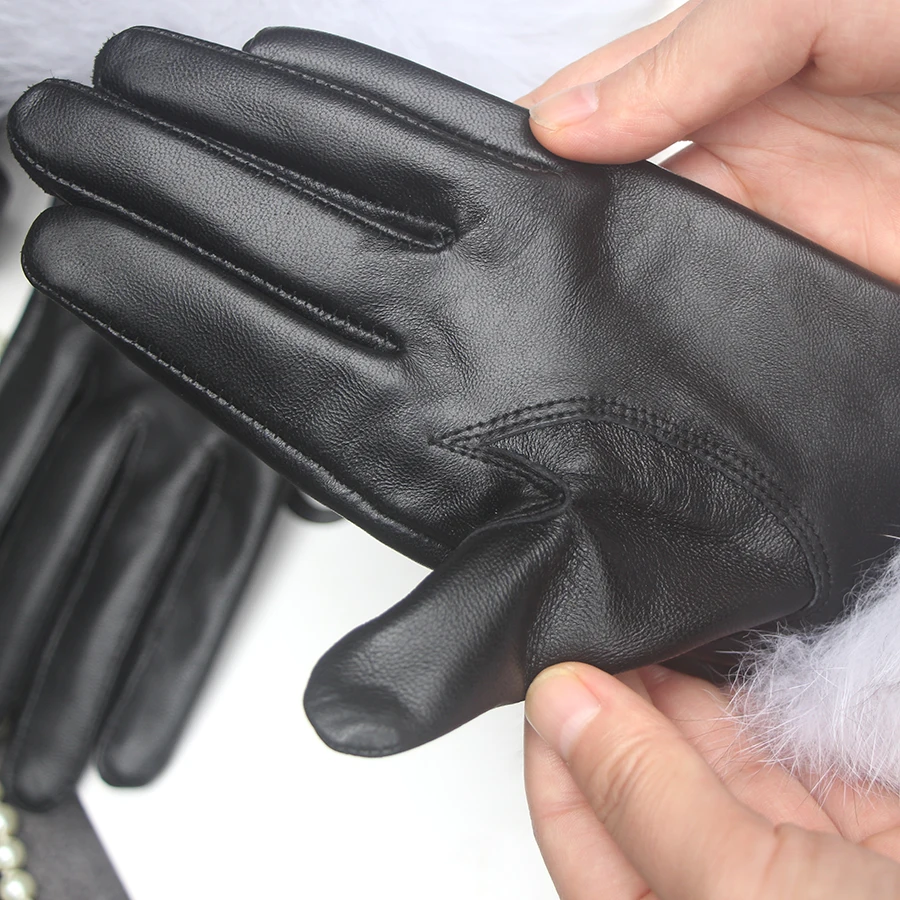 Real Sheepskin Fox Fur Gloves Women's Genuine Leather Glove Winter Warm Fashion Style Natural Fluffy Fox Fur Oversized Customize