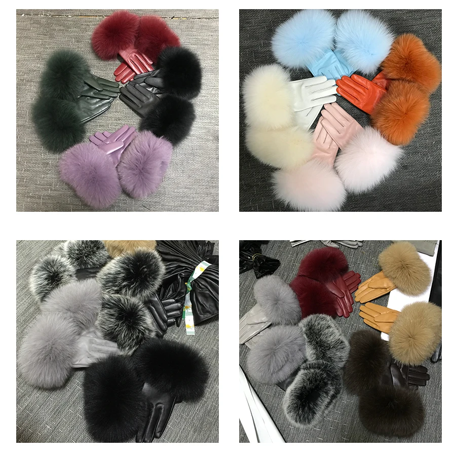 Real Sheepskin Fox Fur Gloves Women's Genuine Leather Glove Winter Warm Fashion Style Natural Fluffy Fox Fur Oversized Customize
