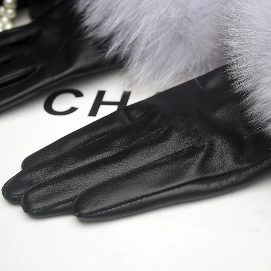 Real Sheepskin Fox Fur Gloves Women's Genuine Leather Glove Winter Warm Fashion Style Natural Fluffy Fox Fur Oversized Customize