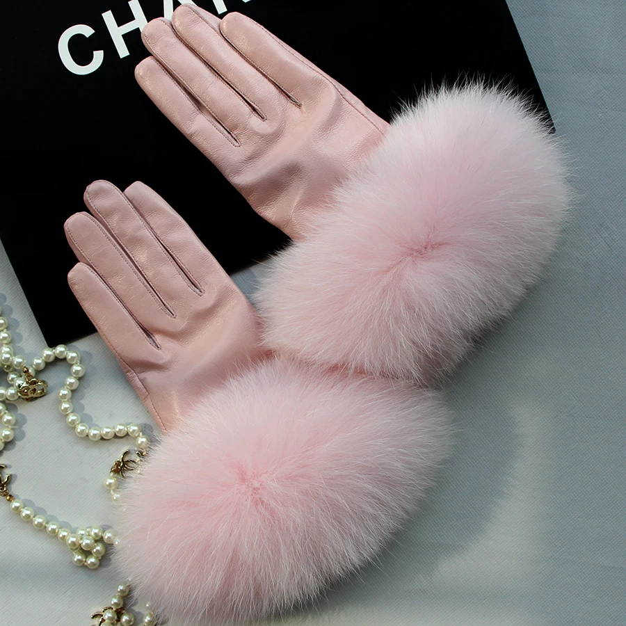 Real Sheepskin Fox Fur Gloves Women's Genuine Leather Glove Winter Warm Fashion Style Natural Fluffy Fox Fur Oversized Customize