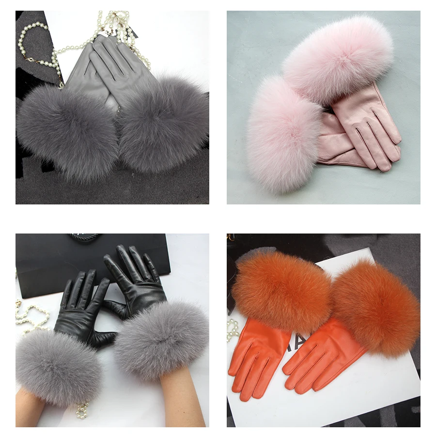 Real Sheepskin Fox Fur Gloves Women's Genuine Leather Glove Winter Warm Fashion Style Natural Fluffy Fox Fur Oversized Customize