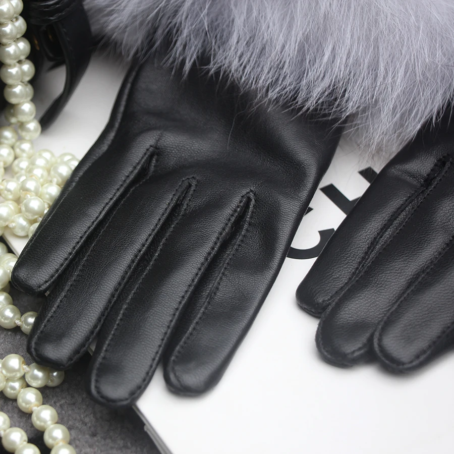 Real Sheepskin Fox Fur Gloves Women's Genuine Leather Glove Winter Warm Fashion Style Natural Fluffy Fox Fur Oversized Customize