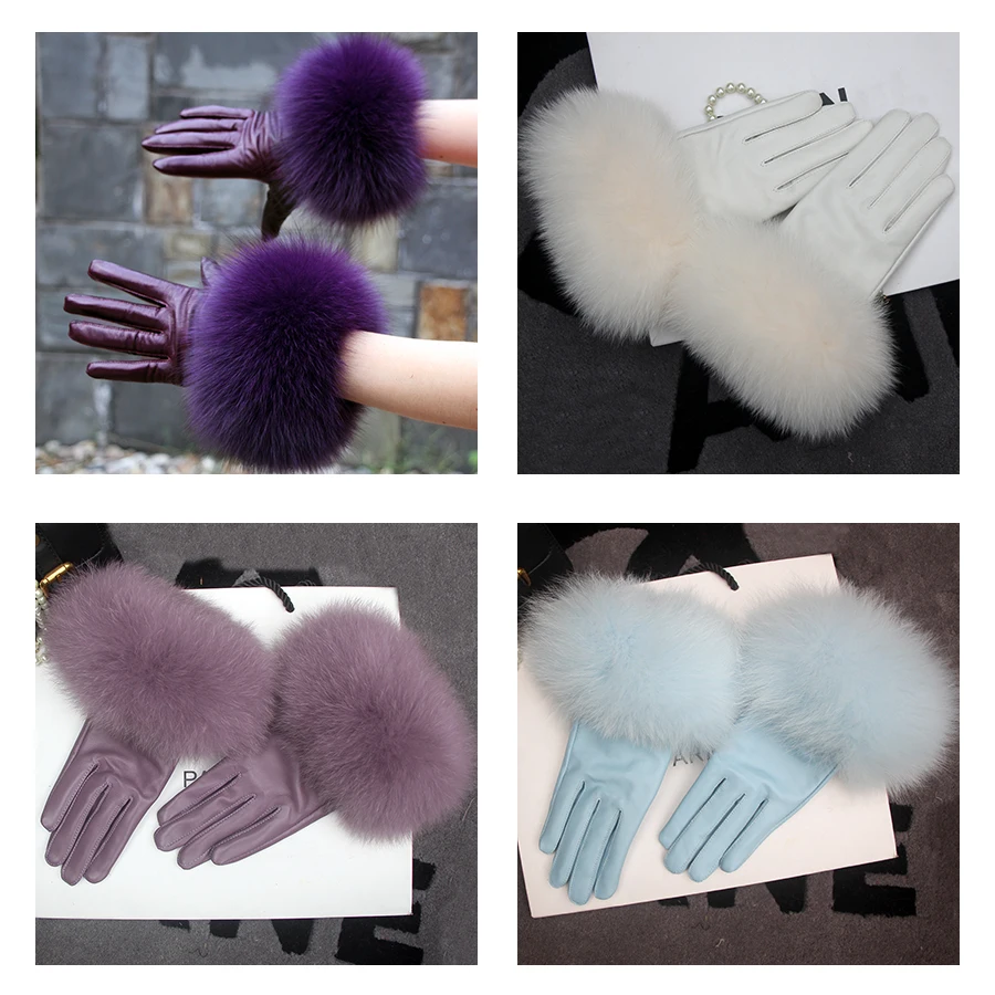Real Sheepskin Fox Fur Gloves Women's Genuine Leather Glove Winter Warm Fashion Style Natural Fluffy Fox Fur Oversized Customize