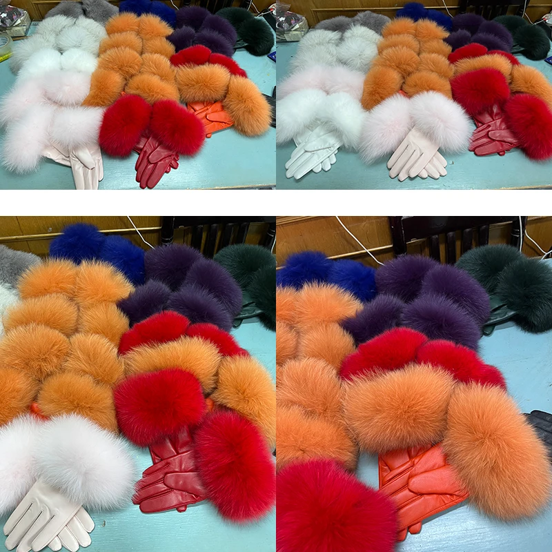 Real Sheepskin Fox Fur Gloves Women's Genuine Leather Glove Winter Warm Fashion Style Natural Fluffy Fox Fur Oversized Customize
