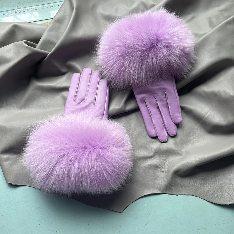 Real Sheepskin Fox Fur Gloves Women's Genuine Leather Glove Winter Warm Fashion Style Natural Fluffy Fox Fur Oversized Customize