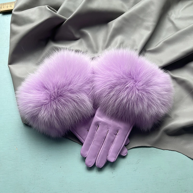 Real Sheepskin Fox Fur Gloves Women's Genuine Leather Glove Winter Warm Fashion Style Natural Fluffy Fox Fur Oversized Customize