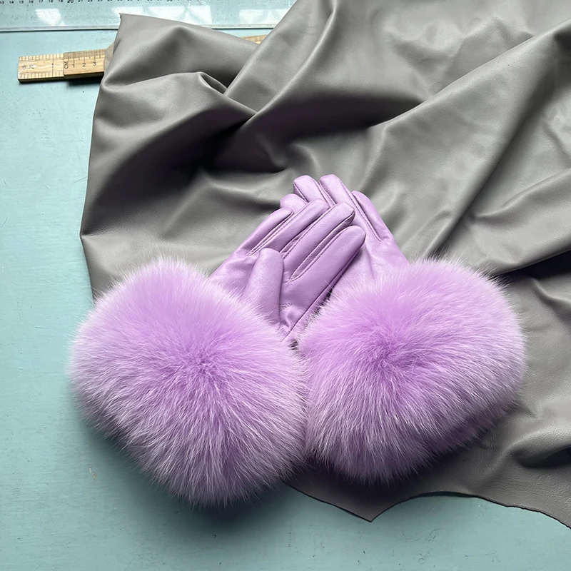 Real Sheepskin Fox Fur Gloves Women's Genuine Leather Glove Winter Warm Fashion Style Natural Fluffy Fox Fur Oversized Customize