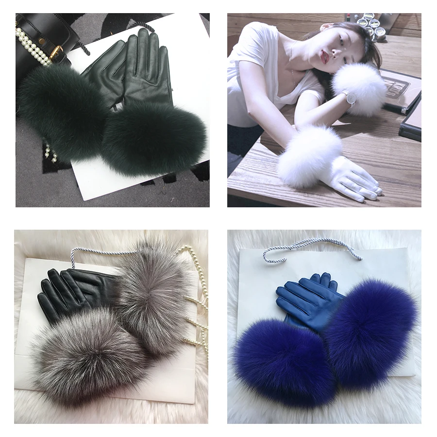 Real Sheepskin Fox Fur Gloves Women's Genuine Leather Glove Winter Warm Fashion Style Natural Fluffy Fox Fur Oversized Customize