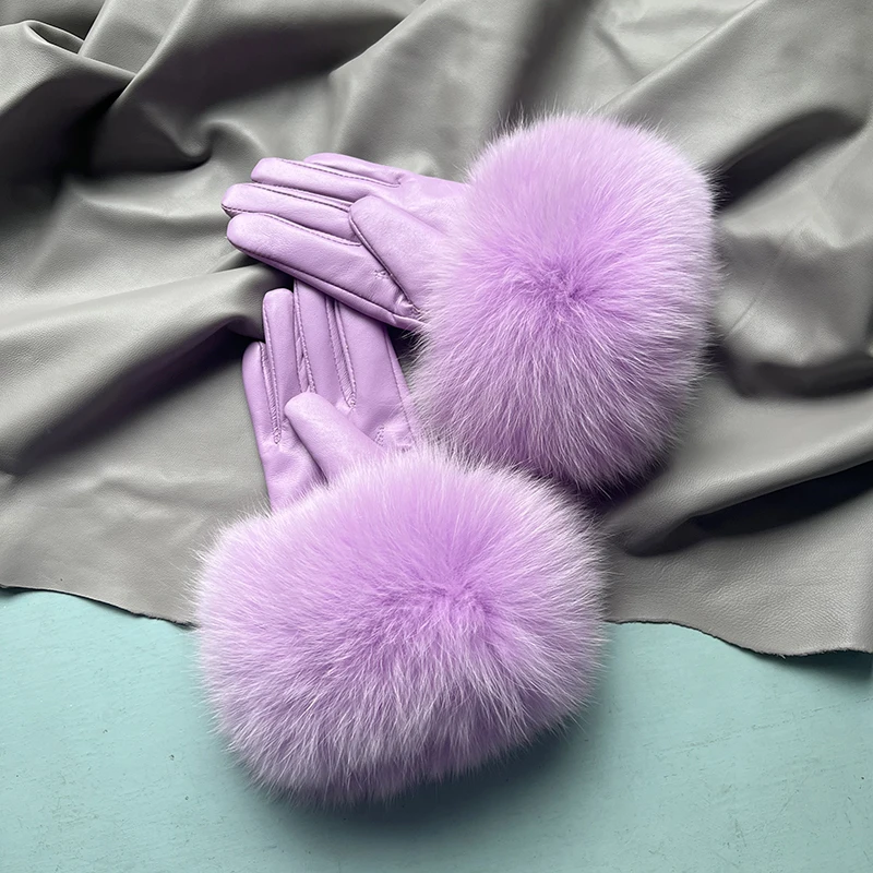 Real Sheepskin Fox Fur Gloves Women's Genuine Leather Glove Winter Warm Fashion Style Natural Fluffy Fox Fur Oversized Customize