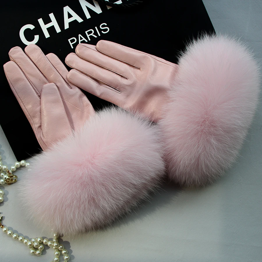 Real Sheepskin Fox Fur Gloves Women's Genuine Leather Glove Winter Warm Fashion Style Natural Fluffy Fox Fur Oversized Customize