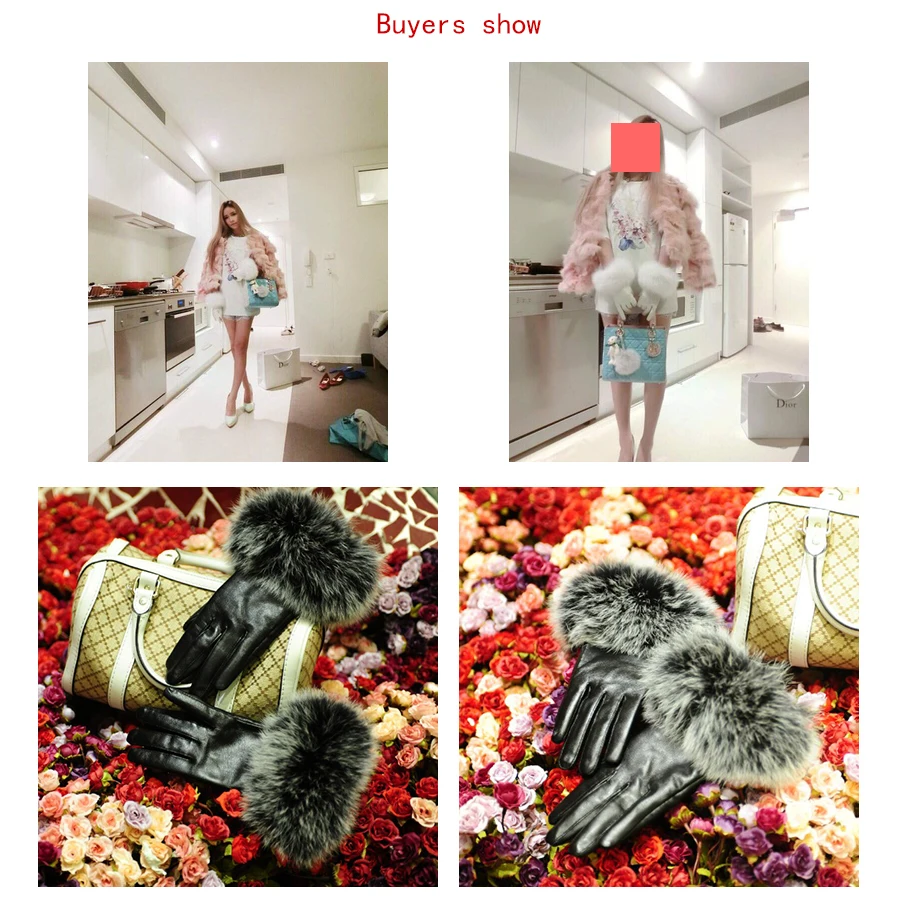 Real Sheepskin Fox Fur Gloves Women's Genuine Leather Glove Winter Warm Fashion Style Natural Fluffy Fox Fur Oversized Customize