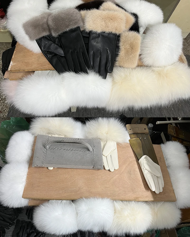 Real Sheepskin Fox Fur Gloves Women's Genuine Leather Glove Winter Warm Fashion Style Natural Fluffy Fox Fur Oversized Customize