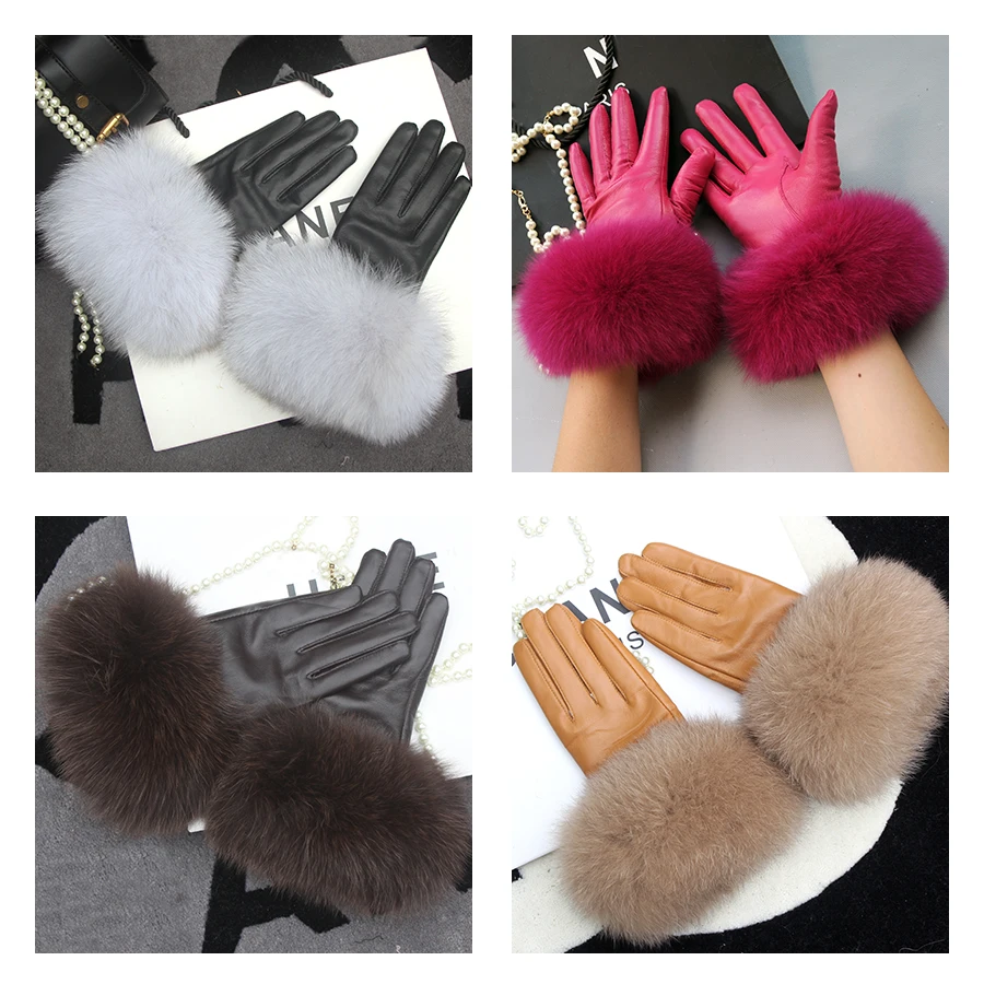Real Sheepskin Fox Fur Gloves Women's Genuine Leather Glove Winter Warm Fashion Style Natural Fluffy Fox Fur Oversized Customize