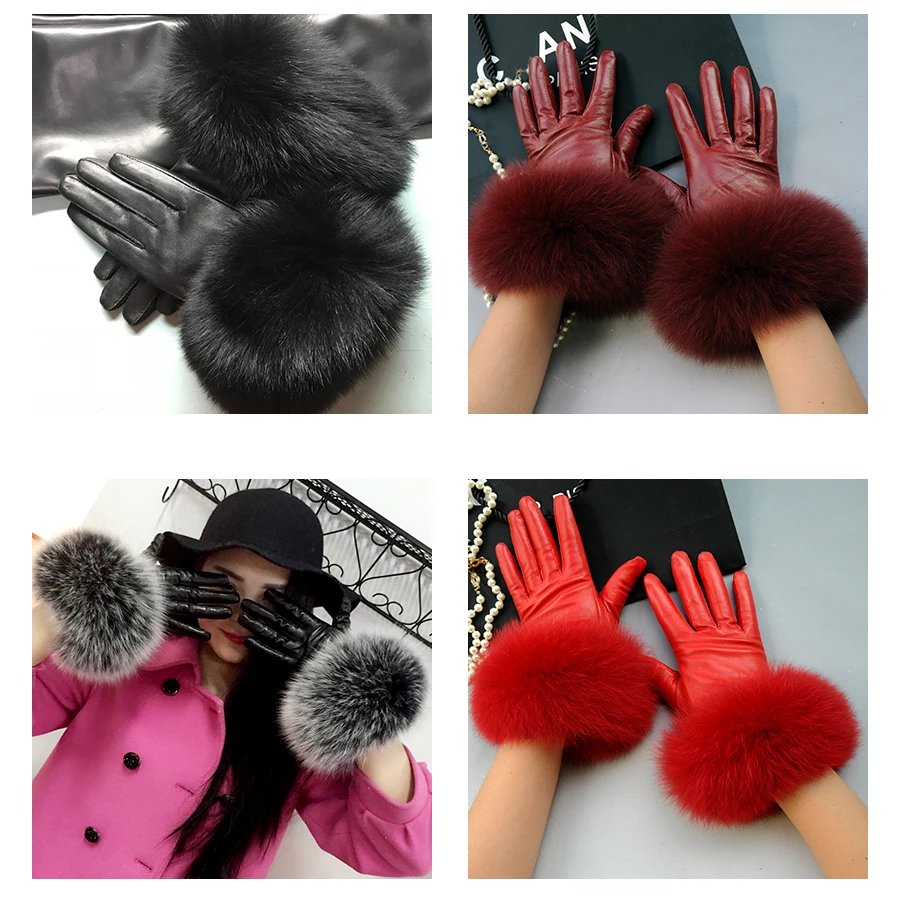 Real Sheepskin Fox Fur Gloves Women's Genuine Leather Glove Winter Warm Fashion Style Natural Fluffy Fox Fur Oversized Customize