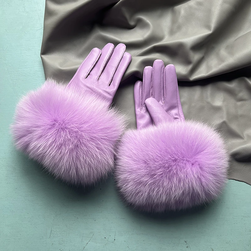 Real Sheepskin Fox Fur Gloves Women's Genuine Leather Glove Winter Warm Fashion Style Natural Fluffy Fox Fur Oversized Customize