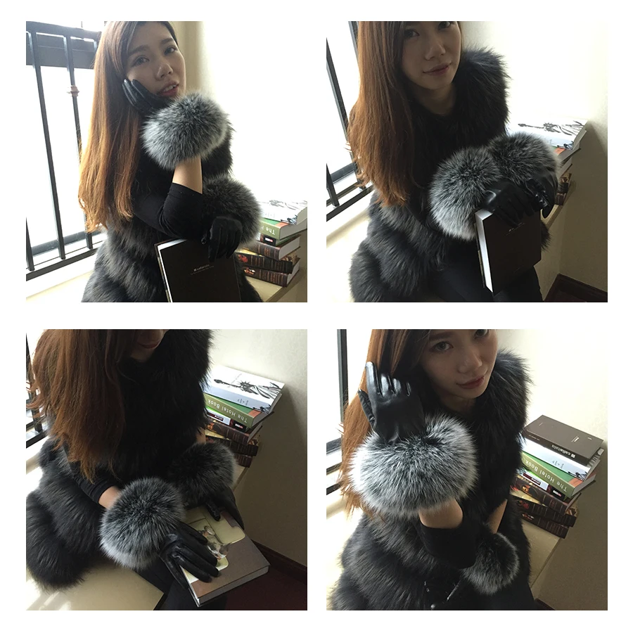 Real Sheepskin Fox Fur Gloves Women's Genuine Leather Glove Winter Warm Fashion Style Natural Fluffy Fox Fur Oversized Customize