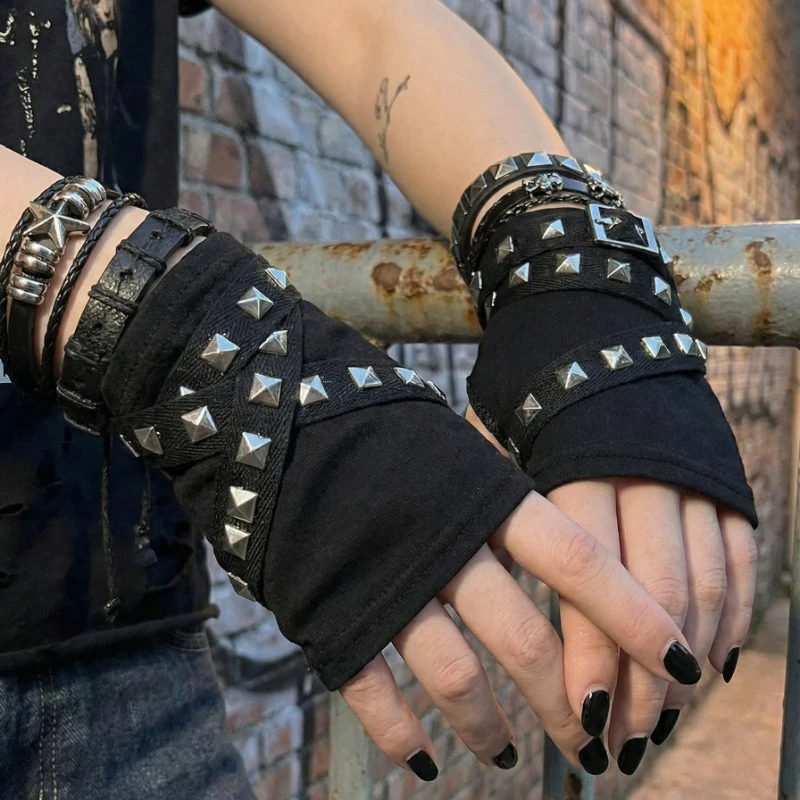1 Pair of Y2K Personalized Buckle Punk Style Fingerless Glove for Women,Luo Hip Hop Style Stage Performance Street Dance Sleeves