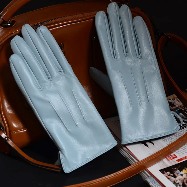 Women's Ladies 100% Real Leather Sheep Skin Elegant Winter Warm Thick Lining White Pink Colorful Cute Outdoor Short Gloves