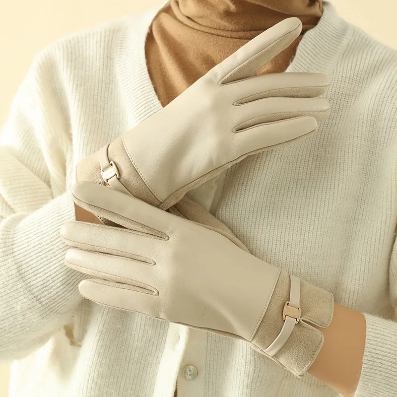Fashion Elegant Retro Women Winter Thick Suede Leather Gloves Cycling Drive Keep Warm Touch Screen Windproof  Soft Comfortable