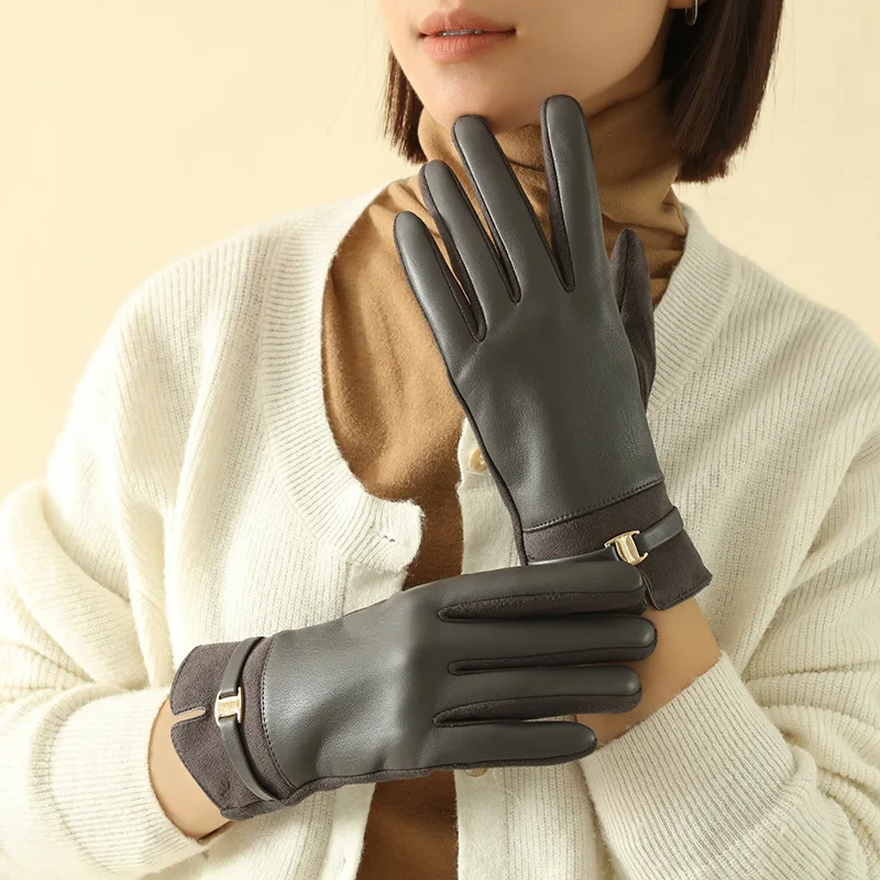 Fashion Elegant Retro Women Winter Thick Suede Leather Gloves Cycling Drive Keep Warm Touch Screen Windproof  Soft Comfortable