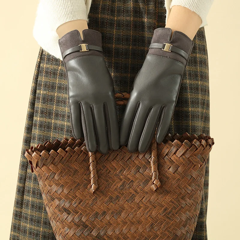 Fashion Elegant Retro Women Winter Thick Suede Leather Gloves Cycling Drive Keep Warm Touch Screen Windproof  Soft Comfortable