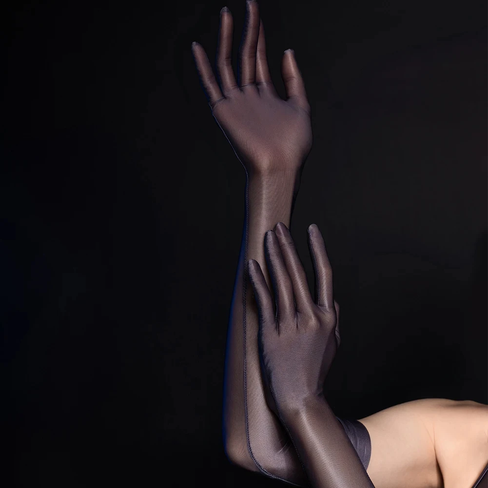 Women Sexy Smooth Oil Glossy Long Gloves Thin Sheer Seamless Mittens High Stretch Tight Stocking Gloves Underwear Accessories