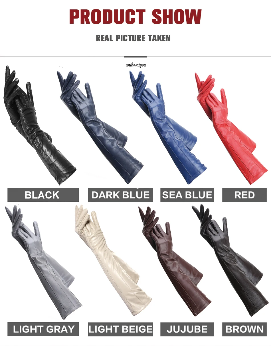Multicolor Women's Gloves, 50cm Long Leather Gloves, Sheepskin Women's Leather Gloves, Keep Warm Women's Winter Gloves - 2226C