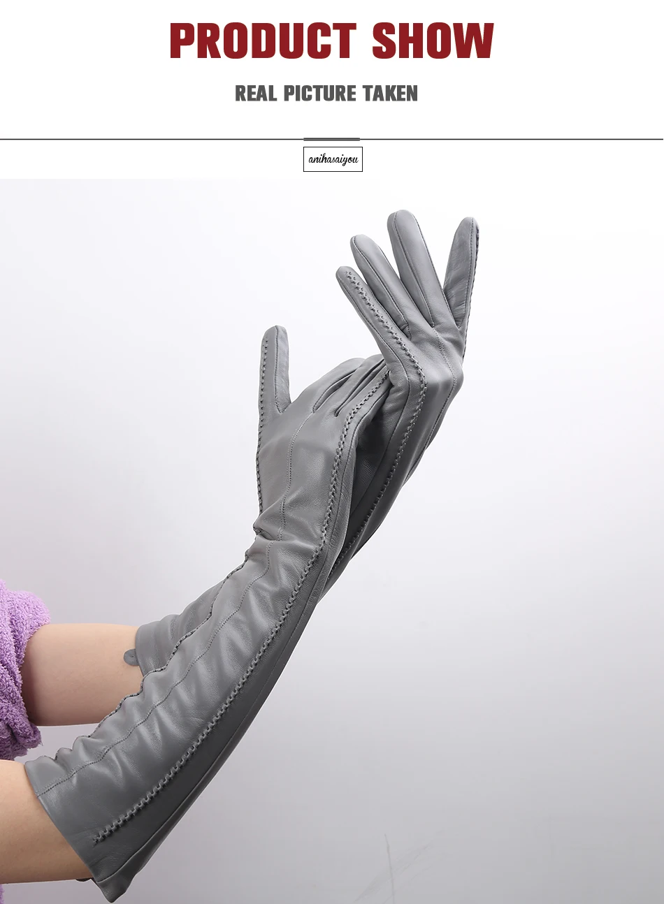 Multicolor Women's Gloves, 50cm Long Leather Gloves, Sheepskin Women's Leather Gloves, Keep Warm Women's Winter Gloves - 2226C
