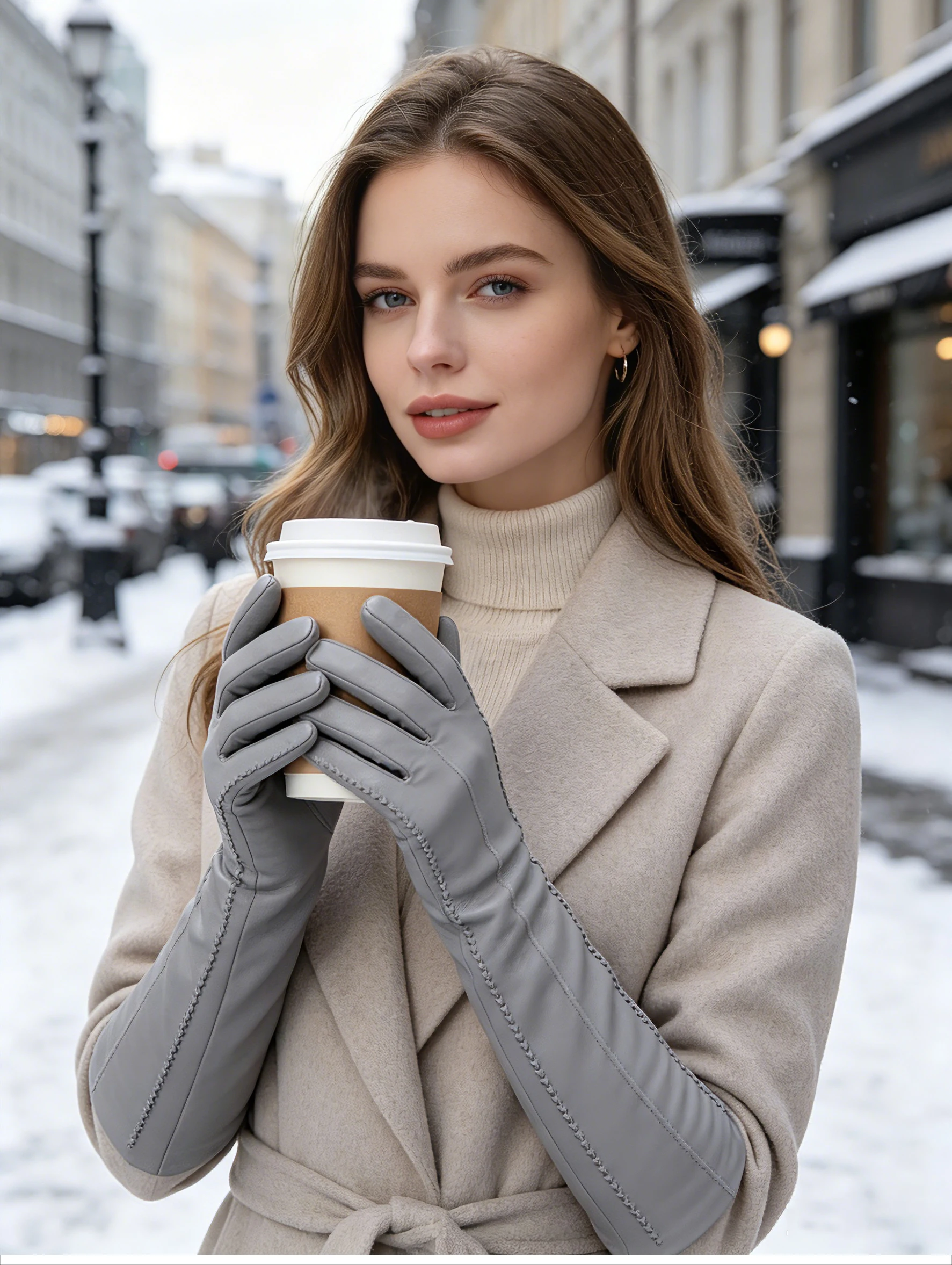 Fashion Beige Long Leather Gloves, High-Grade Long Leather Gloves Women, Winter Genuine Sheepskin Women's Long Gloves - CSD2-50C