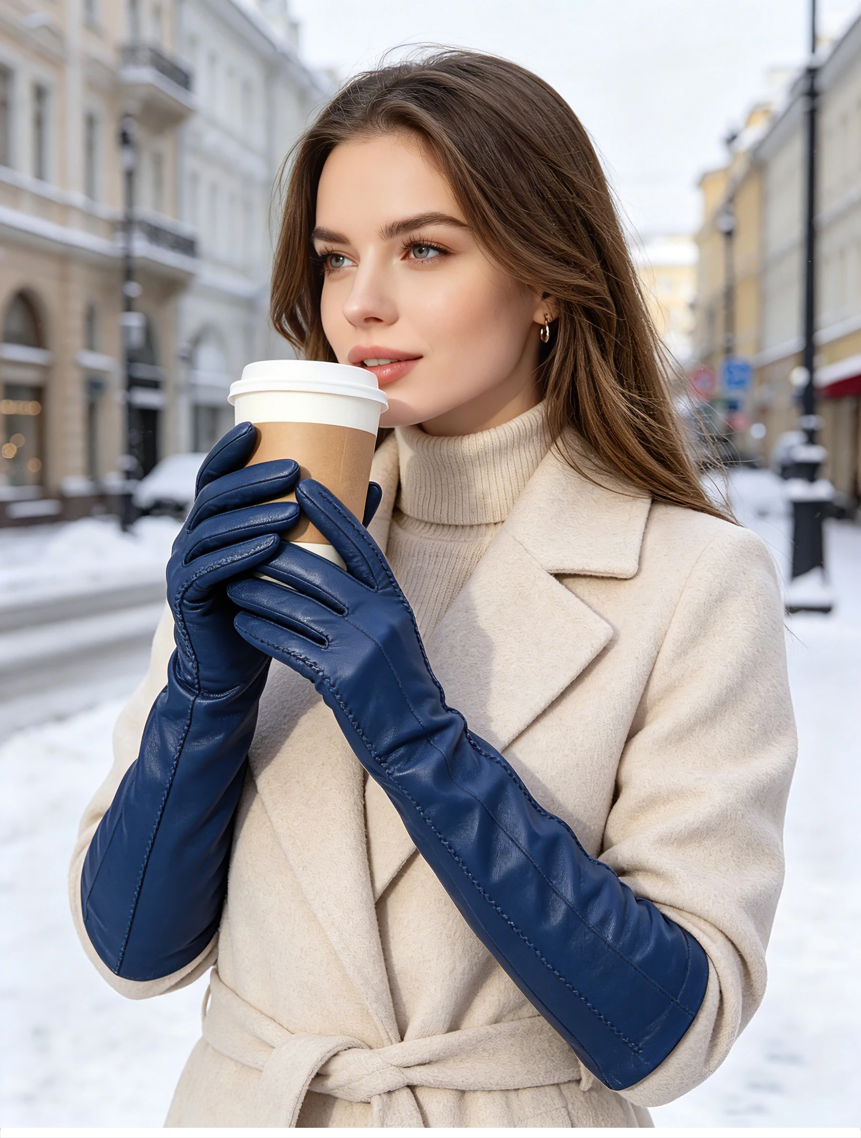 Fashion Beige Long Leather Gloves, High-Grade Long Leather Gloves Women, Winter Genuine Sheepskin Women's Long Gloves - CSD2-50C