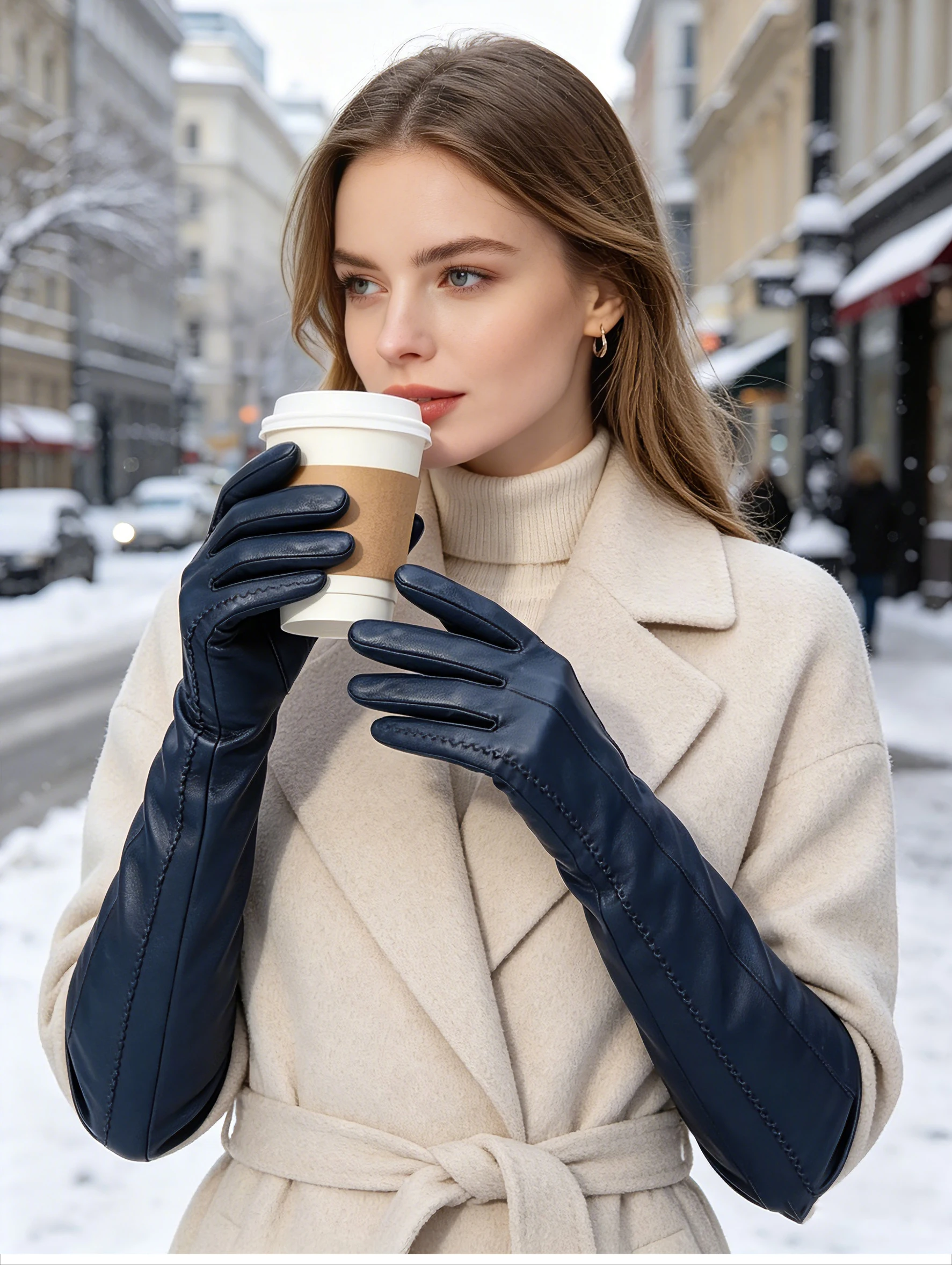 Fashion Beige Long Leather Gloves, High-Grade Long Leather Gloves Women, Winter Genuine Sheepskin Women's Long Gloves - CSD2-50C