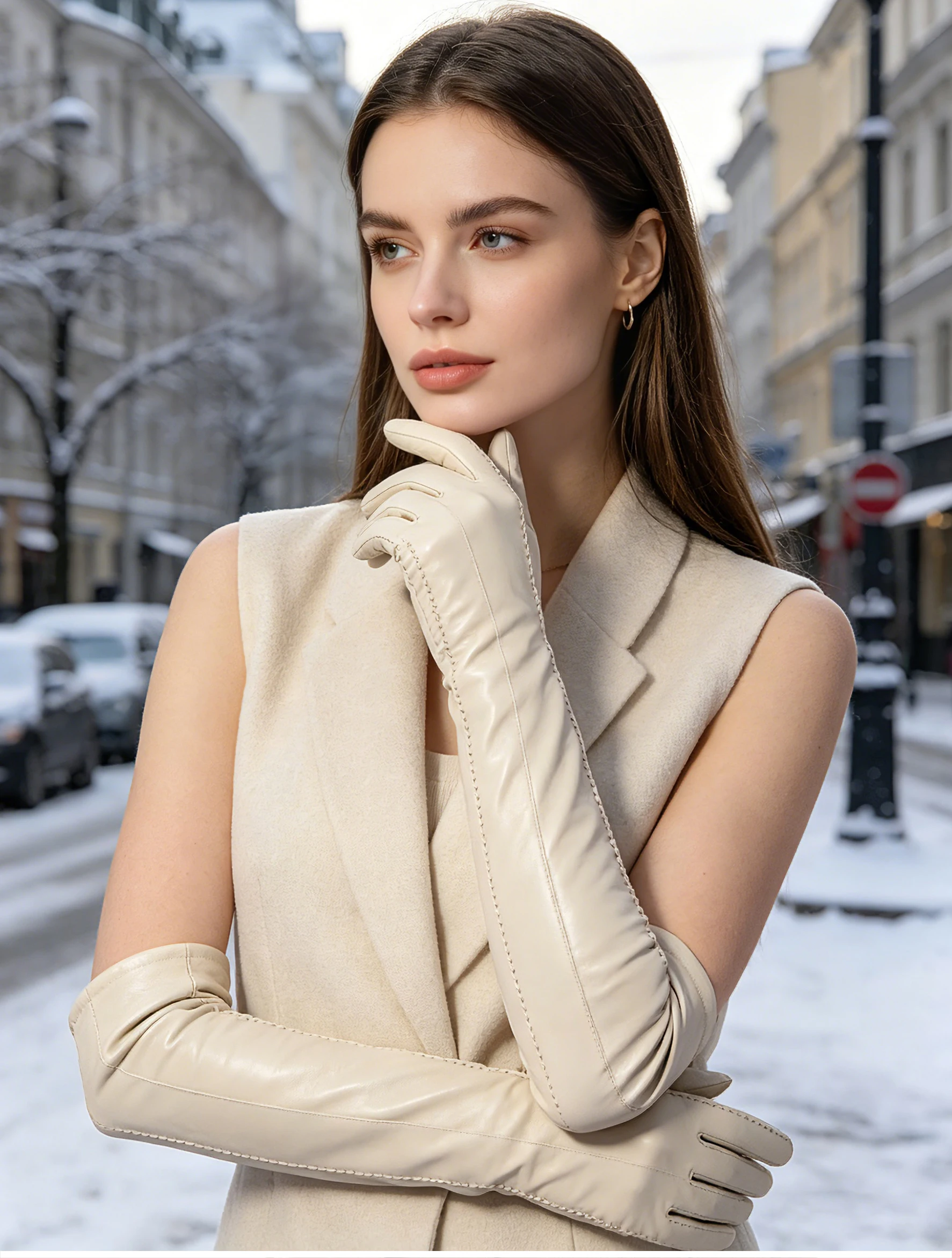 Fashion Beige Long Leather Gloves, High-Grade Long Leather Gloves Women, Winter Genuine Sheepskin Women's Long Gloves - CSD2-50C