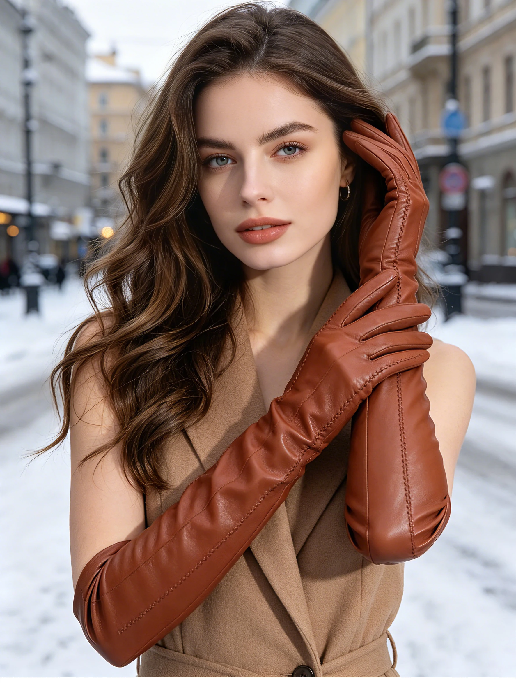 Fashion Beige Long Leather Gloves, High-Grade Long Leather Gloves Women, Winter Genuine Sheepskin Women's Long Gloves - CSD2-50C