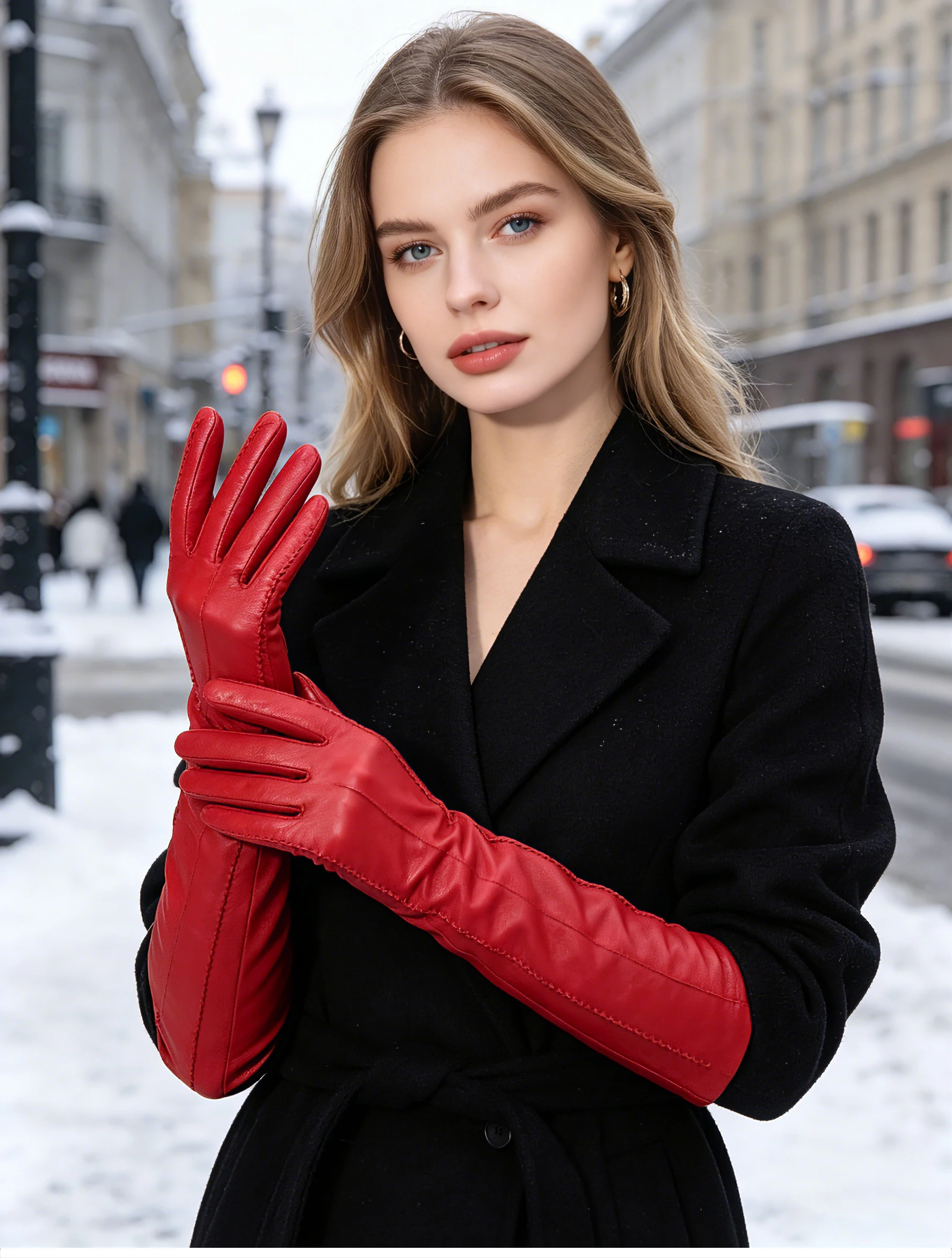Fashion Beige Long Leather Gloves, High-Grade Long Leather Gloves Women, Winter Genuine Sheepskin Women's Long Gloves - CSD2-50C