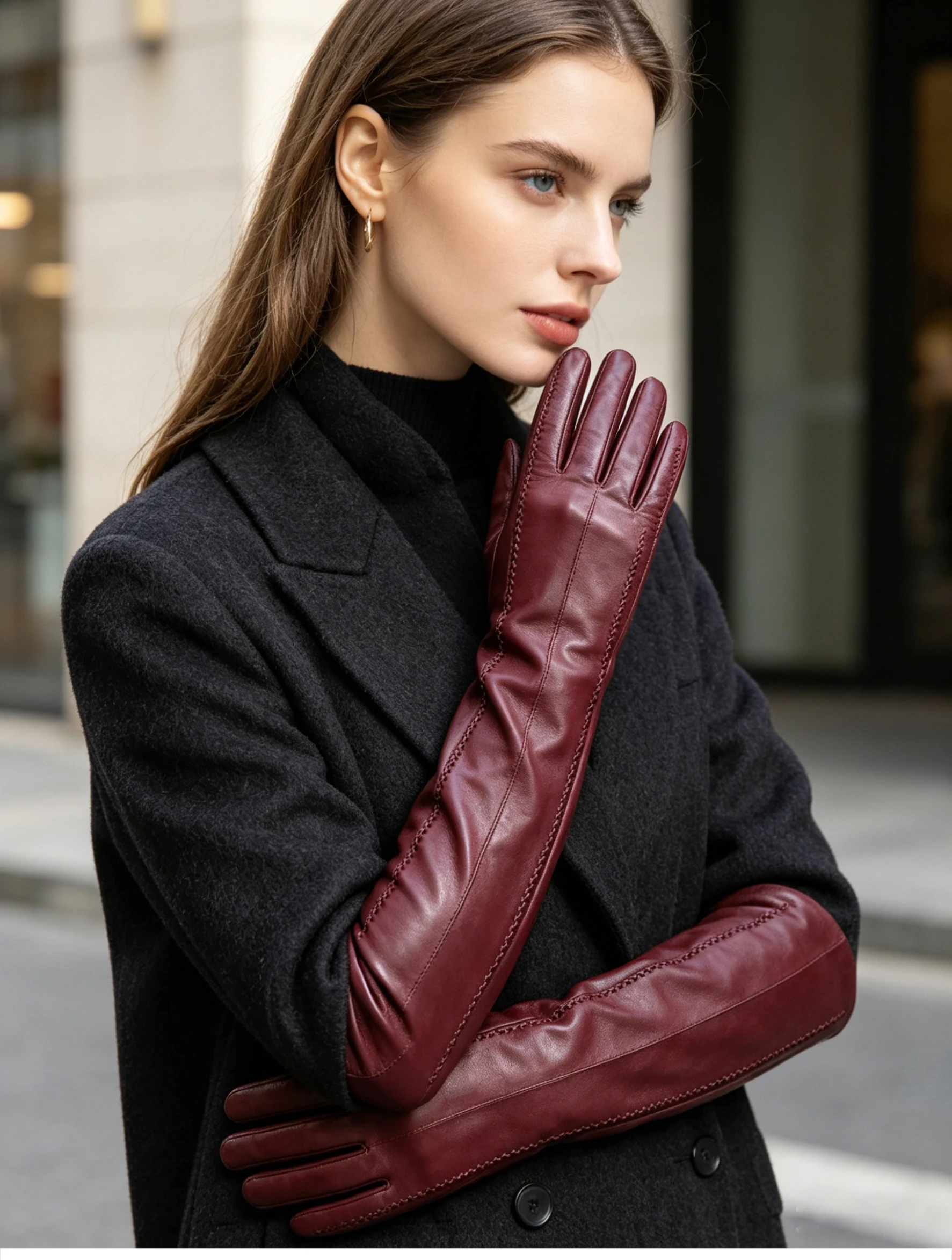 Fashion Beige Long Leather Gloves, High-Grade Long Leather Gloves Women, Winter Genuine Sheepskin Women's Long Gloves - CSD2-50C