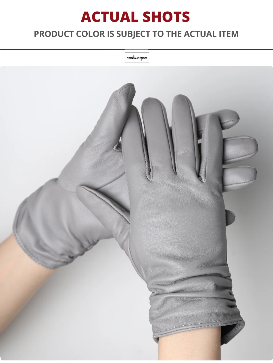 Classic Pleated Leather Gloves Women Color Real Leather Gloves Women Sheepskin Genuine Leather Winter Gloves Women-2081