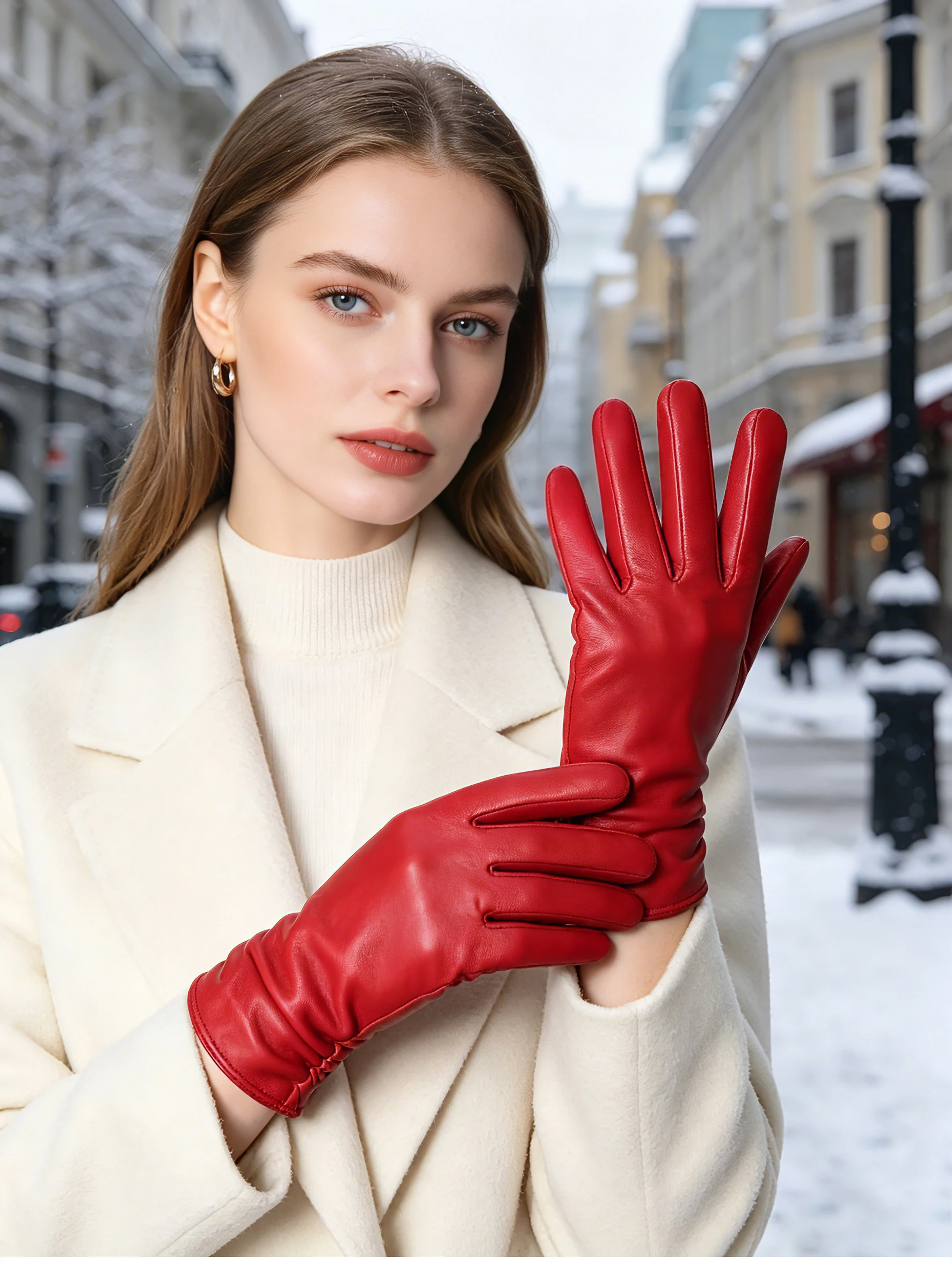 Classic Pleated Leather Gloves Women Color Real Leather Gloves Women Sheepskin Genuine Leather Winter Gloves Women-2081
